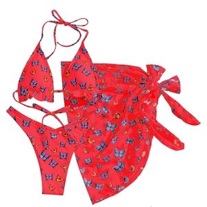 NWT 3 Piece Bikini Swimsuit Set with Butterfly Pattern and Sarong Skirt sz S